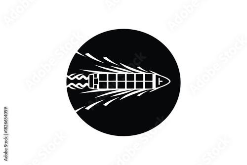 Speeding cargo ship in black circular icon vector illustration