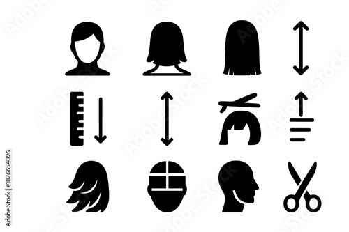 Hair Length Icons. Hair length guides. Solid icon set of Hair length guides: short, medium, long, inch markers, ruler, measurement line, clip position,