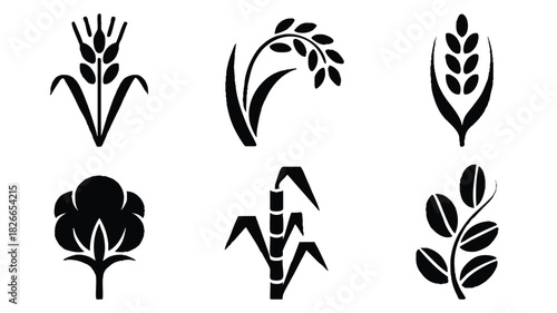Six Agricultural Crop Icons Minimalist Black and White Design