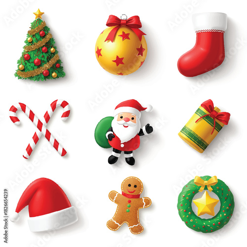 3D Christmas Icons Set Festive Holiday Elements Vector Graphics