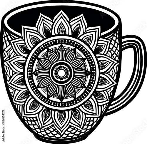 Hand Drawn Coffee Cup Mandala Line Art, Boho Floral Mug Illustration for Relaxation, Cafe Decor, Art Therapy, and Zen Concepts
