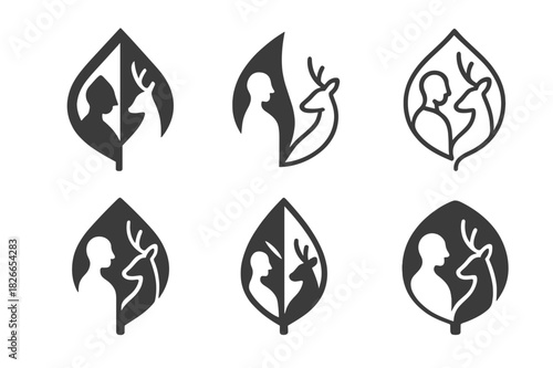 Harmonious Conservation Icons. Nature conservation and wildlife protection. Icon set. Set Logo of conservation: coexistence of humans and nature. harmonious