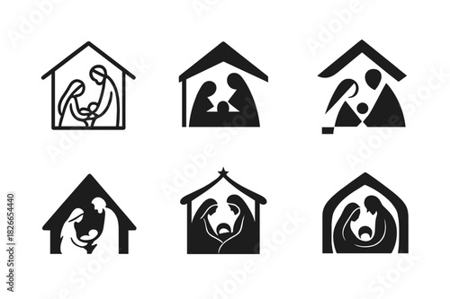 Harmonious Nativity Logos. Nativity scene. Icon set. Set Logo of nativity scene: Holy family under stable roof. harmonious logo variations of the
