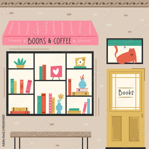 Cute Cartoon Bookstore and Coffee Shop Facade with Cat in Window and Pink Awning