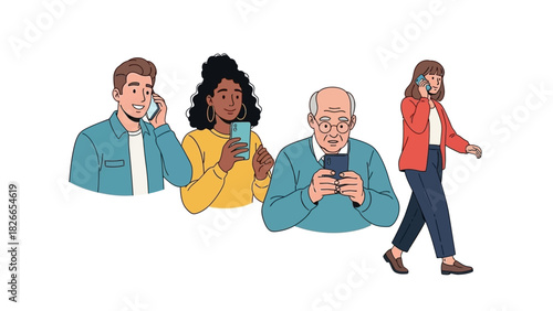 Modern communication Diverse individuals of varying ages and backgrounds engaged with smartphones for everyday connectivity and interaction