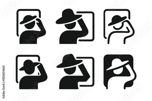 Hat Trying Icons. Trying on a hat in a mirror. Icon set. Set Logo of trying on a hat: person adjusting wide-brimmed hat. harmonious logo variations of the same