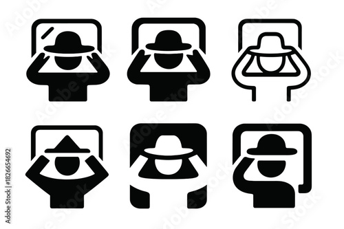 Hat Trying Icons. Trying on a hat in a mirror. Icon set. Set Logo of trying on a hat: person adjusting wide-brimmed hat. harmonious logo variations of the same