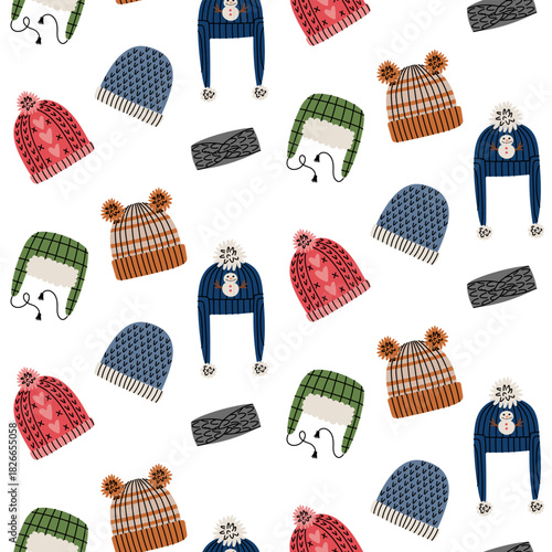 Seamless pattern with hand-drawn knitted winter hats. Trappers hats, hats with pompoms and accessories, and headbands. Flat multicolored hats in red, blue, green, and orange.