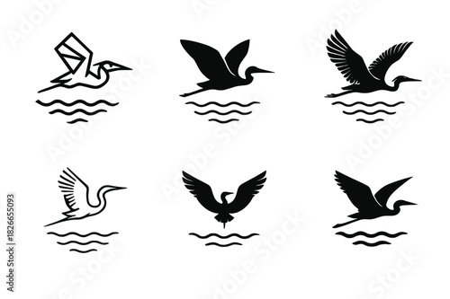 Heron Logo Variations. Herons. Icon set. Set Logo of Herons: heron in flight above lake. harmonious logo variations of the same emblematic concept, each with