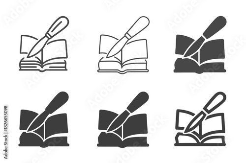 Historic Bookbinding Icons. Historic bookbinding process. Icon set. Set Logo of historic bookbinding process: cutting paper edges. harmonious logo variations