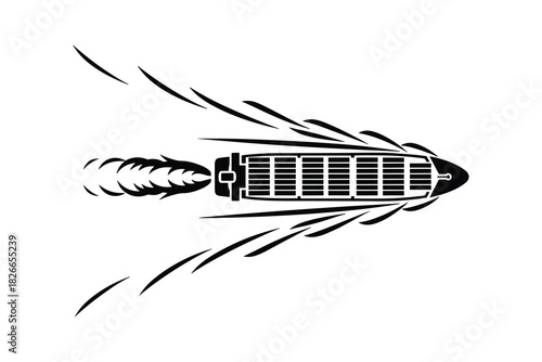 Top down view of a cargo ship moving with speed lines and smoke vector illustration