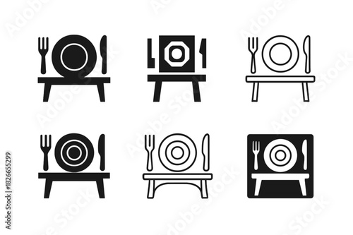 Home Cooking Icons. Home cooking. Icon set. Set Logo of home cooking: dining table with meal and utensils. harmonious logo variations of the same emblematic