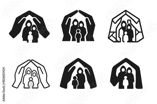 Homeless Family Logo Designs. Homeless family. Icon set. Set Logo of homeless family: hands protecting family. harmonious logo variations of the same