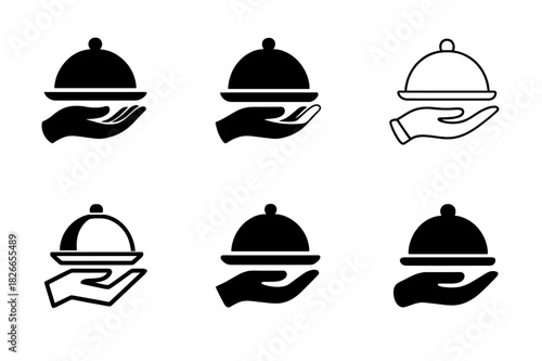 Hostess Logo Variations. Hostess. Icon set. Set Logo of Hostess: open hand offering service. harmonious logo variations of the same emblematic concept, each