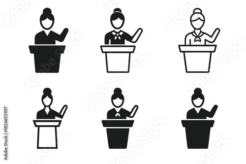 Hostess Icon Variations. Hostess. Icon set. Set Logo of Hostess: hostess figure at restaurant podium. harmonious logo variations of the same emblematic