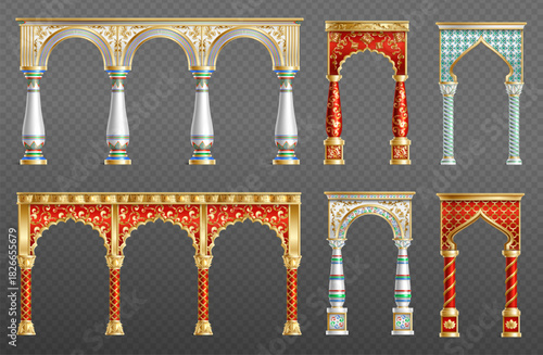 Indian style pillar and arch set collection isolated realistic
