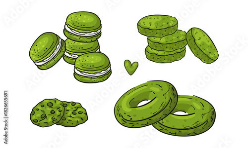 set of various types of green matcha pastries. Macarons, cookies, sponge cakes, donuts. Bright cookies with an outline. Perfect for bakery menus, cooking blogs, recipe books, advertising sweet healthy
