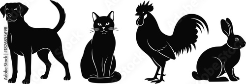 Collection of black vector silhouettes showing domestic animals including dog cat rooster and rabbit isolated on white background for veterinary or farm logo design.