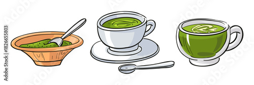 set hot matcha drinks served in cups, bowls spoons. Colorful isolated illustration with black outline. Perfect for cafe menus, tea branding, traditional Japanese cuisine, healthy drink advertising