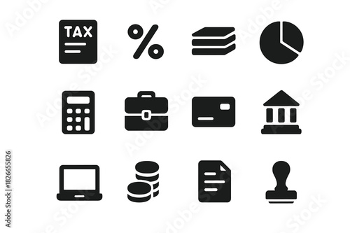 Income Tax Icons. Income tax. Solid icon set of income tax: tax form, percentage symbol, money stack, pie chart, calculator, briefcase, credit card, bank