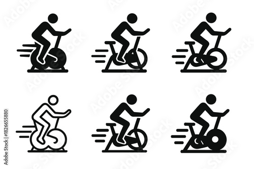 Indoor Cycling Icons. A person practicing indoor cycling, focused on endurance and intensity. Icon set. Set Logo of A person practicing indoor cycling, focused