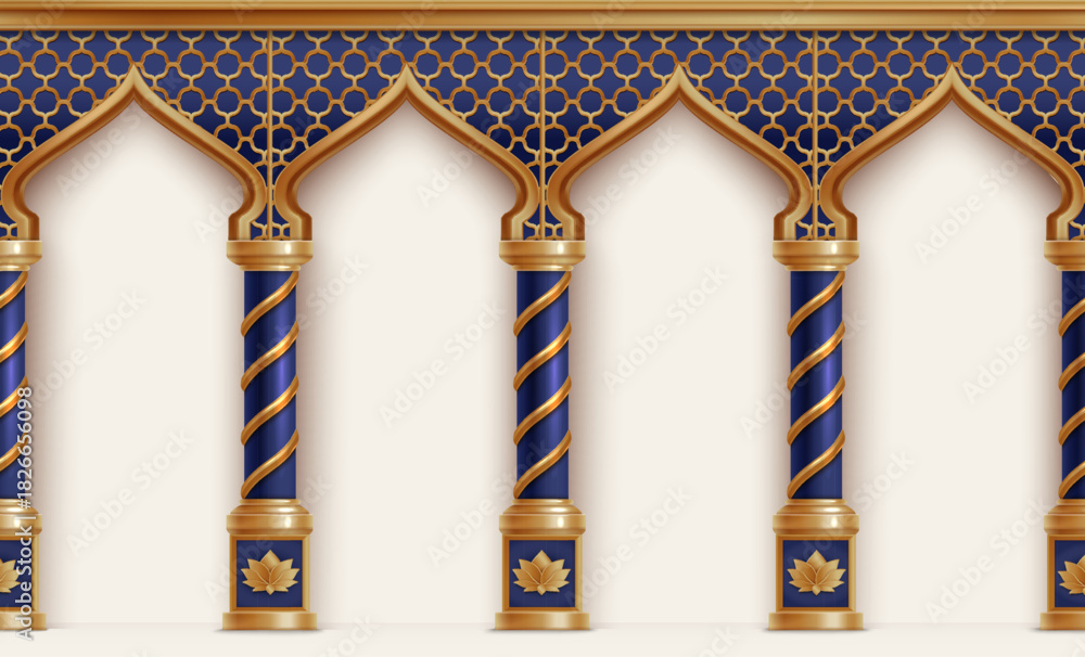 Fototapeta premium Colorful white and golden pillars beneath grey and gold arches realistic