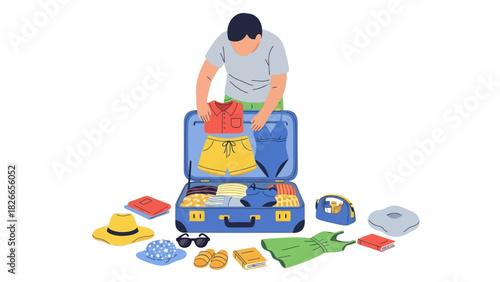 Traveler packing suitcase for vacation. Packing for holiday trip