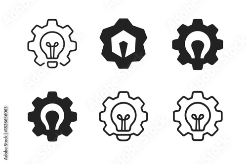 Innovative Logo Set. Startups. Icon set. Set Logo of startups: innovation gear. harmonious logo variations of the same emblematic concept, each with different
