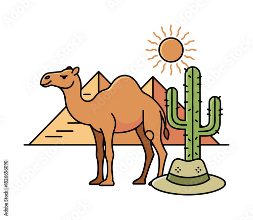 Camel standing in desert landscape with pyramids and sun