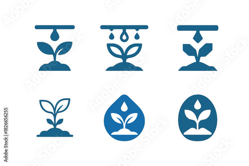 Irrigation Logo Set. Water-efficient irrigation systems. Icon set. Set Logo of irrigation: drip irrigation with plant icon. harmonious logo variations of the