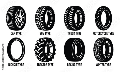 Tyre icon set car suv truck motorcycle bicycle tractor racing winter tire symbol
