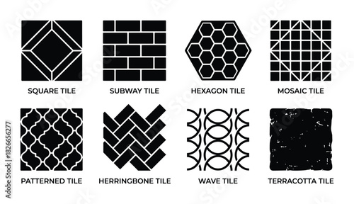 Variety of tile patterns including square subway hexagon mosaic patterned herringbone wave and terracotta styles