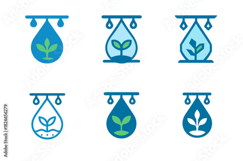 Irrigation Logo Set. Water-efficient irrigation systems. Icon set. Set Logo of irrigation: drip irrigation with plant icon. harmonious logo variations of the