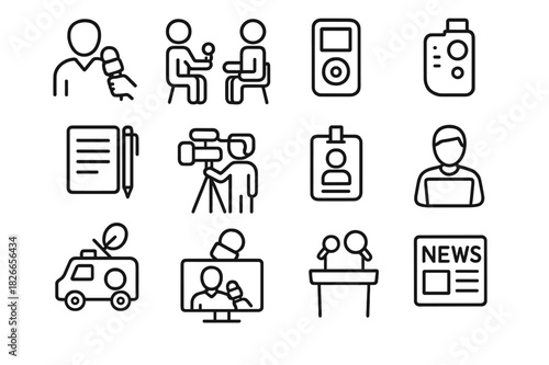 Journalism Icon Set. Journalists interviewing subjects or reporting. Line icon set of Journalists interviewing subjects or reporting: reporter with microphone,
