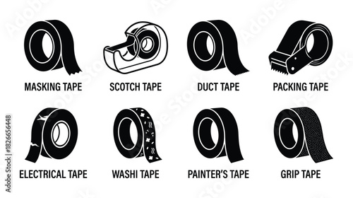 Various types of adhesive tape icon set featuring masking, scotch, duct, packing, electrical, washi, and grip symbols