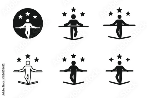 Juggling and Balancing Icons. Learning juggling or balance tricks. Icon set. Set Logo of learning juggling or balance tricks: tightrope walker balancing with