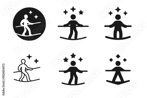 Juggling and Balancing Icons. Learning juggling or balance tricks. Icon set. Set Logo of learning juggling or balance tricks: tightrope walker balancing with
