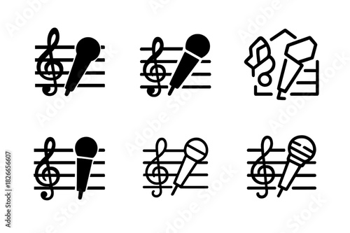 Karaoke Logo Variations. Karaoke events and competitions. Icon set. Set Logo of karaoke: musical score and microphone. harmonious logo variations of the same