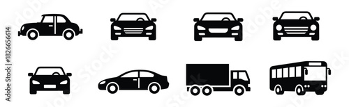 Various passenger cars and commercial vehicles black silhouette icons set