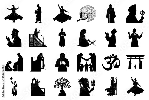 Silhouettes of People in Religious and Spiritual Activities