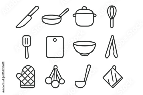 Kitchen Icon Set. Kitchen essentials. Line icon set of kitchen essentials: knife, pan, pot, whisk, spatula, cutting board, bowl, tongs, oven mitt, measuring