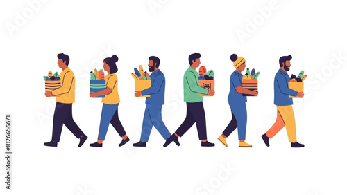 Diverse community members walking with grocery bags and boxes, symbolizing food assistance, essential shopping, and shared provision illustration