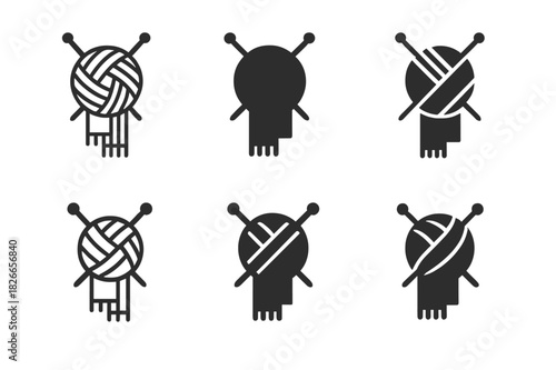 Knitting Logo Variations. Knitting a scarf. Icon set. Set Logo of knitting a scarf: ball of yarn with knitting needles crossed through it. harmonious logo