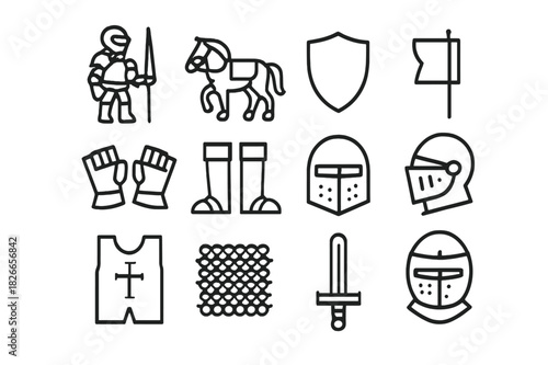 Knight and Horse Icons. Knight & Horse. Line icon set of Knight & Horse: armored knight, horse, lance, shield, banner, gauntlets, boots, helmet, visor, tabard,