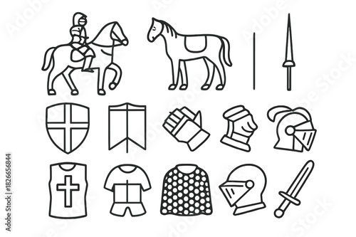 Knight and Horse Icons. Knight & Horse. Line icon set of Knight & Horse: armored knight, horse, lance, shield, banner, gauntlets, boots, helmet, visor, tabard,