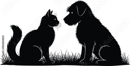 Creative black and white vector silhouette illustration showing cat and dog sitting on grass facing each other representing friendship or rivalry on white background.