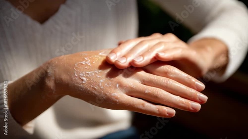 Hands applying soothing cream to eczema patches, skin texture magnified, soft lighting emphasizing relief, care, and medical attention