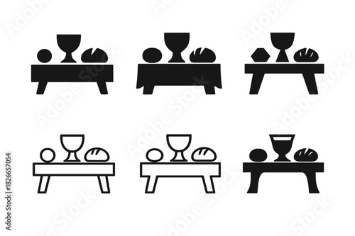 Last Supper Logos. Last Supper. Icon set. Set Logo of Last Supper: table with food and drink icons. harmonious logo variations of the same emblematic concept,