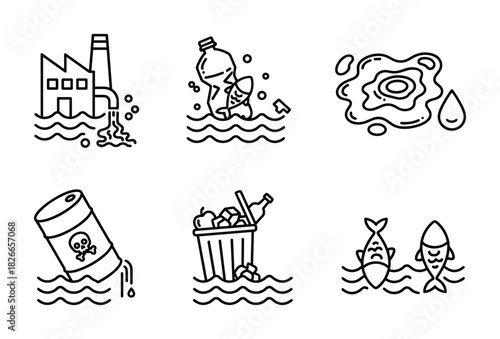 Water pollution factory industrial discharge plastic waste oil spill chemical barrel dead fish line icon set