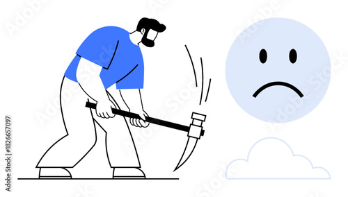 Overcoming challenges. Man with a pickaxe dismantling a sad happy cloud problem-solving and persistence. Overcoming challenges in adversity, technology, mindset shifts, productivity, and resilience